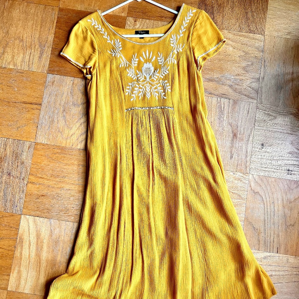 Embroidered Mustard Colored Tea Length Dress